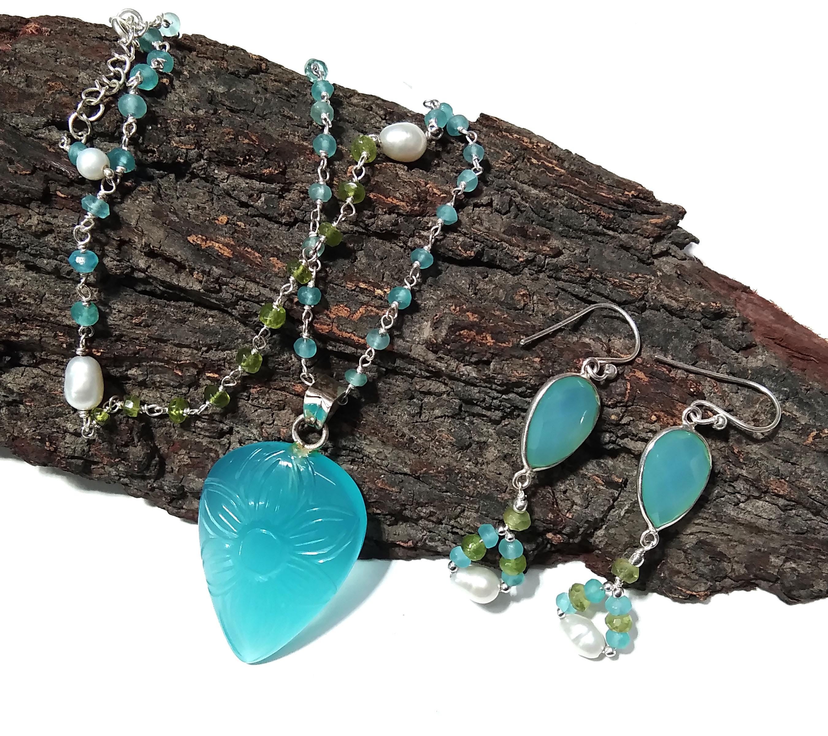 Aqua Calcy Carving Gemstone Earrings And Necklace Jewelry Set, 925 Sterling Silver Jewelry Necklace, Handmade Necklace Gift For Girls/Women